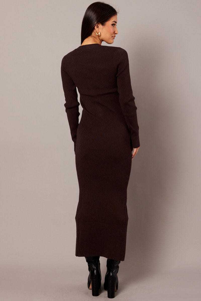 Brown Knit Dress Long Sleeve Button Front