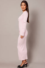 Pink Knit Dress Long Sleeve Button Front