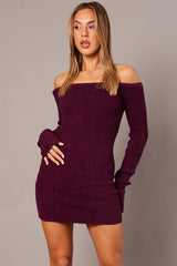 Purple Knit Dress Long Sleeve Off Shoulder Mini