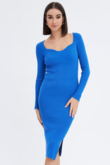 Blue Knit Dress Sweetheart Neck Long Sleeve Midi