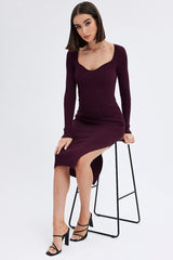 Brown Knit Dress Sweetheart Neck Long Sleeve Midi