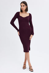 Brown Knit Dress Sweetheart Neck Long Sleeve Midi