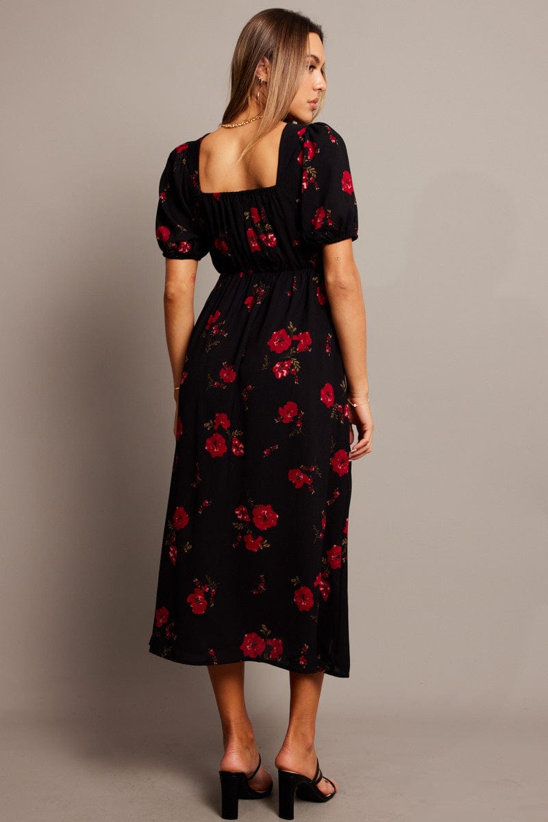 Black Floral Midi Dress Puff Sleeve Midi