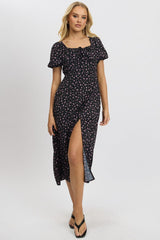 Black Ditsy Midi Dress Short Sleeve Side Split