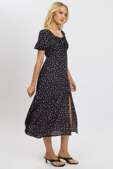 Black Ditsy Midi Dress Short Sleeve Side Split