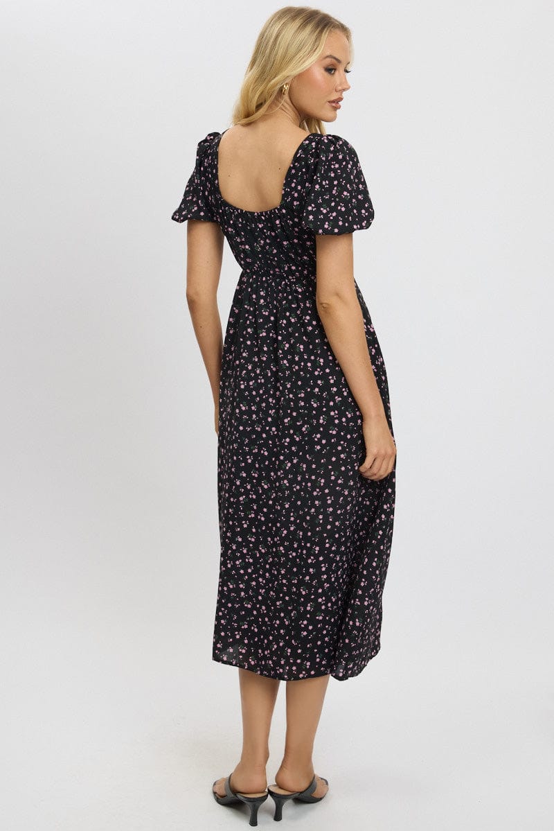 Black Ditsy Midi Dress Short Sleeve Side Split
