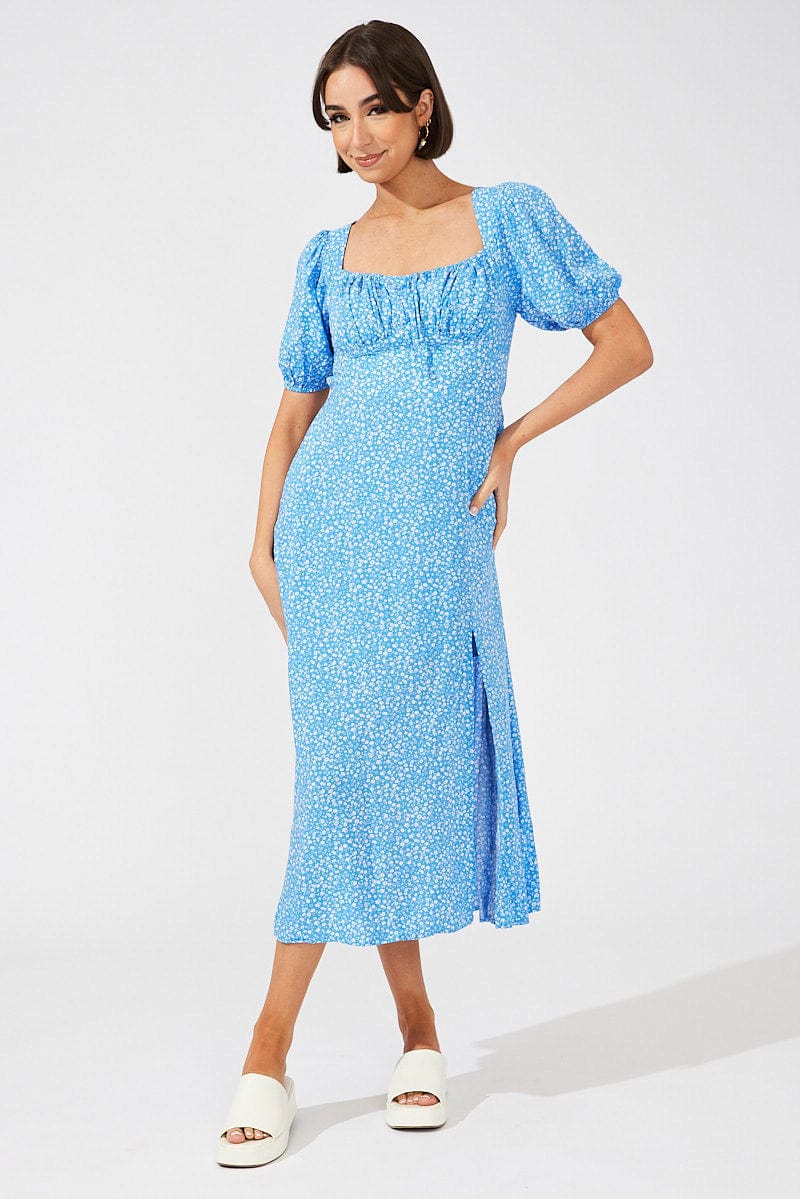Blue Floral Midi Dress Puff Sleeve Midi