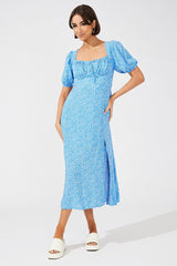 Blue Floral Midi Dress Puff Sleeve Midi