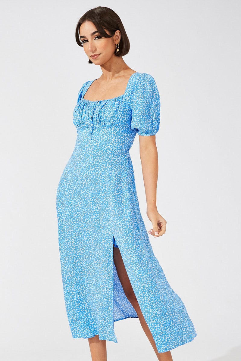 Blue Floral Midi Dress Puff Sleeve Midi