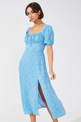 Blue Floral Midi Dress Puff Sleeve Midi
