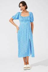 Blue Floral Midi Dress Puff Sleeve Midi