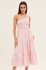 Pink Check Midi Dress One Shoulder Shirred Body