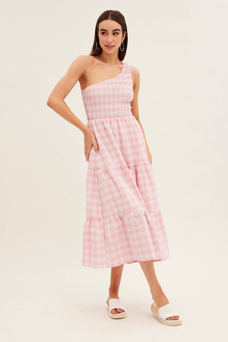 Pink Check Midi Dress One Shoulder Shirred Body