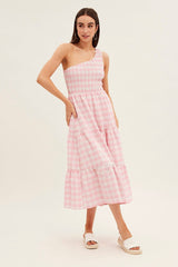 Pink Check Midi Dress One Shoulder Shirred Body