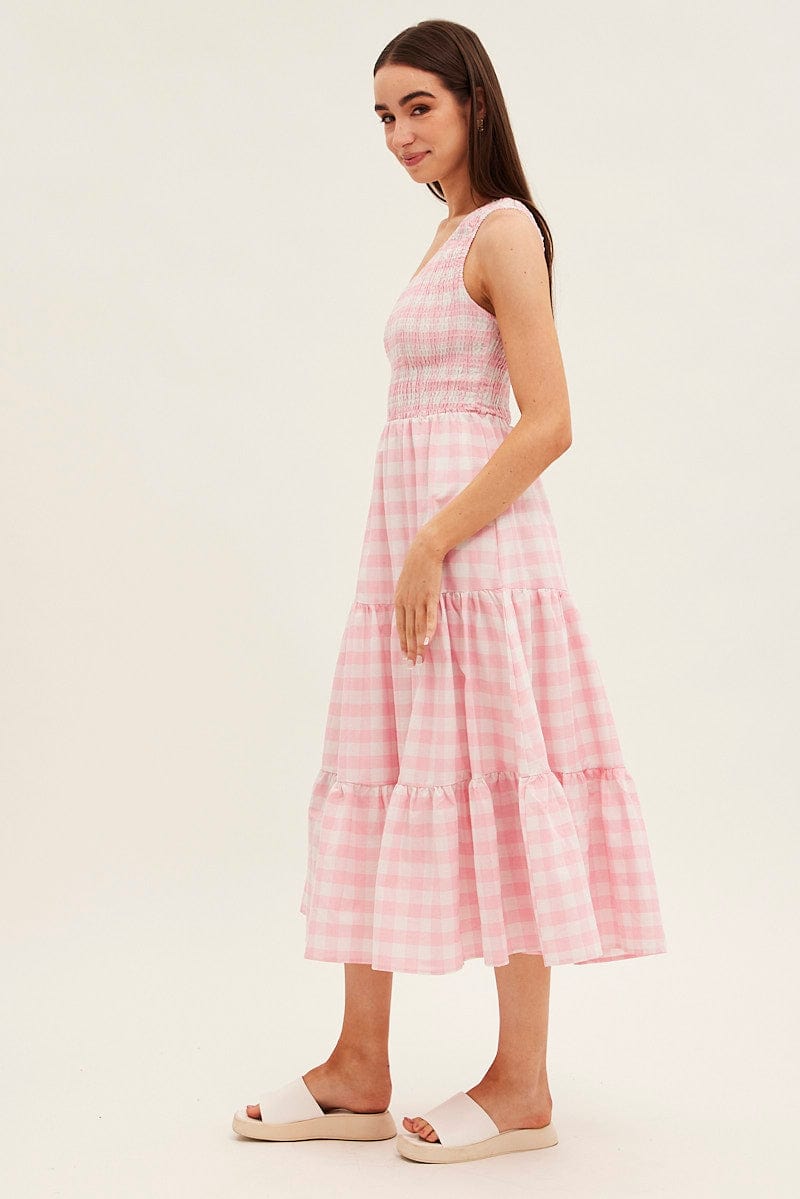 Pink Check Midi Dress One Shoulder Shirred Body