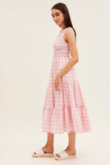 Pink Check Midi Dress One Shoulder Shirred Body
