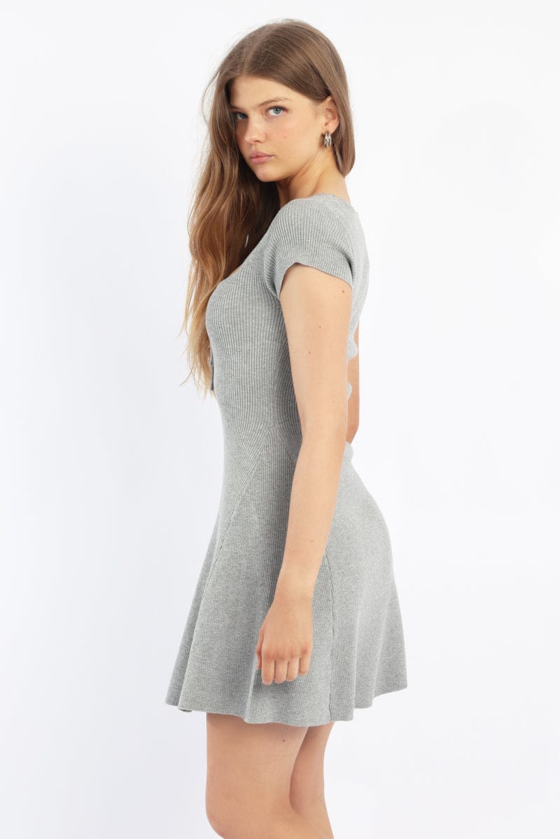 Grey Knit Dress Fit And Flare Short Sleeve