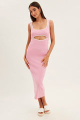 Pink Knit Dress Midi Sleeveless Contrast Binding