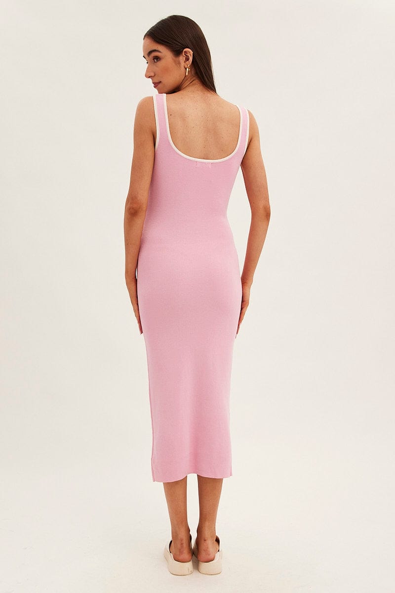 Pink Knit Dress Midi Sleeveless Contrast Binding