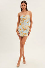 Blue Floral Mini Dress Strapless Bodycon