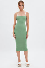 Green Knit Dress Sleeveless Midi Contrast Bind