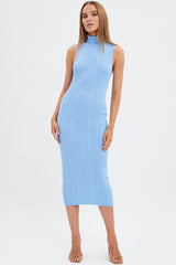 Blue Knit Dress Midi Square Neck