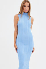 Blue Knit Dress Midi Square Neck
