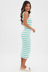 Blue Stripe Knit Dress Midi Square Neck