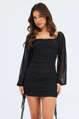 Black Bodycon Dress Balloon Sleeve Side Ruched Mini