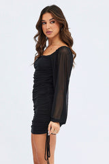 Black Bodycon Dress Balloon Sleeve Side Ruched Mini