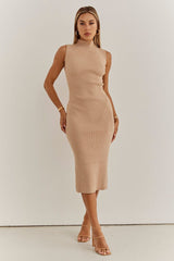Beige Knit Dress High Neck Sleeveless Midi