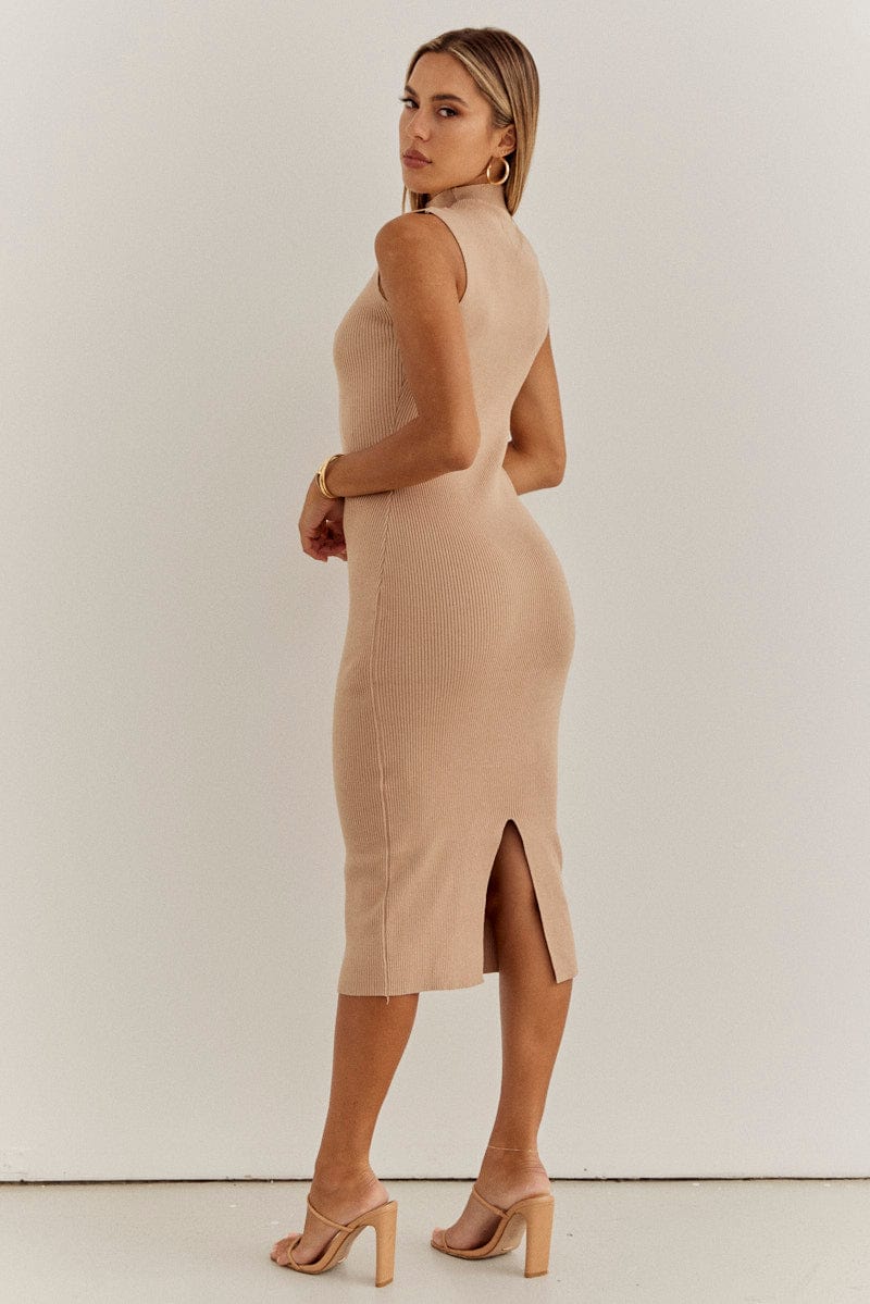 Beige Knit Dress High Neck Sleeveless Midi