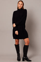 Black Knit Dress High Neck Oversized Chenille