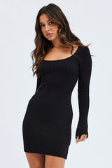 Black Knit Dress Long Sleeve Scoop Neck Mini