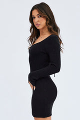 Black Knit Dress Long Sleeve Scoop Neck Mini