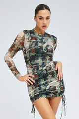Multi Print Bodycon Dress Ruched Side Long Sleeve Mini