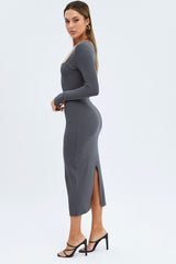 Grey Midi Dress Long Sleeve Bodycon Ribbed
