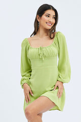 Green Mini Dress Ruched Bust Long Sleeve