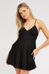 Black Fit And Flare Dress Mini Textured Fabric