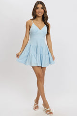 Blue Fit And Flare Dress Mini Textured Fabric