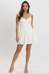White Fit And Flare Dress Mini Textured Fabric