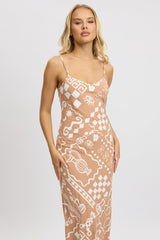 Brown Abstract Maxi Dress Bias Cut Linen Blend