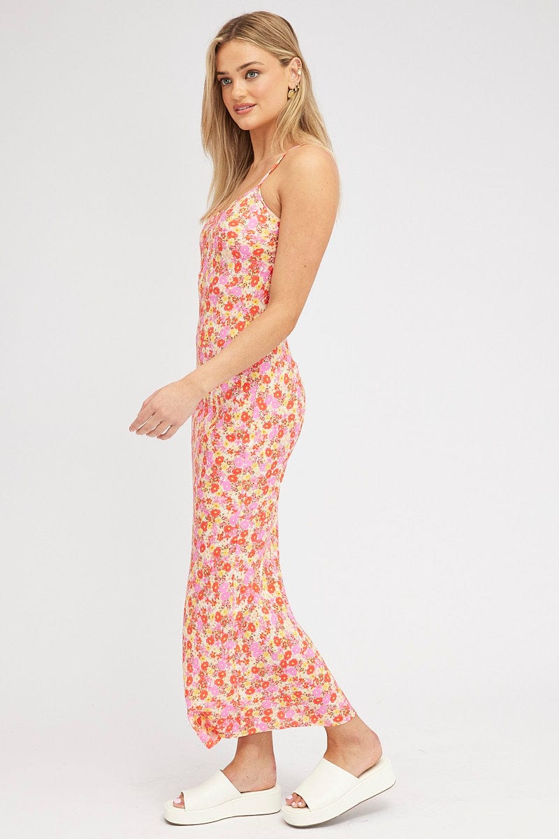 Red Floral Maxi Dress Bias Cut