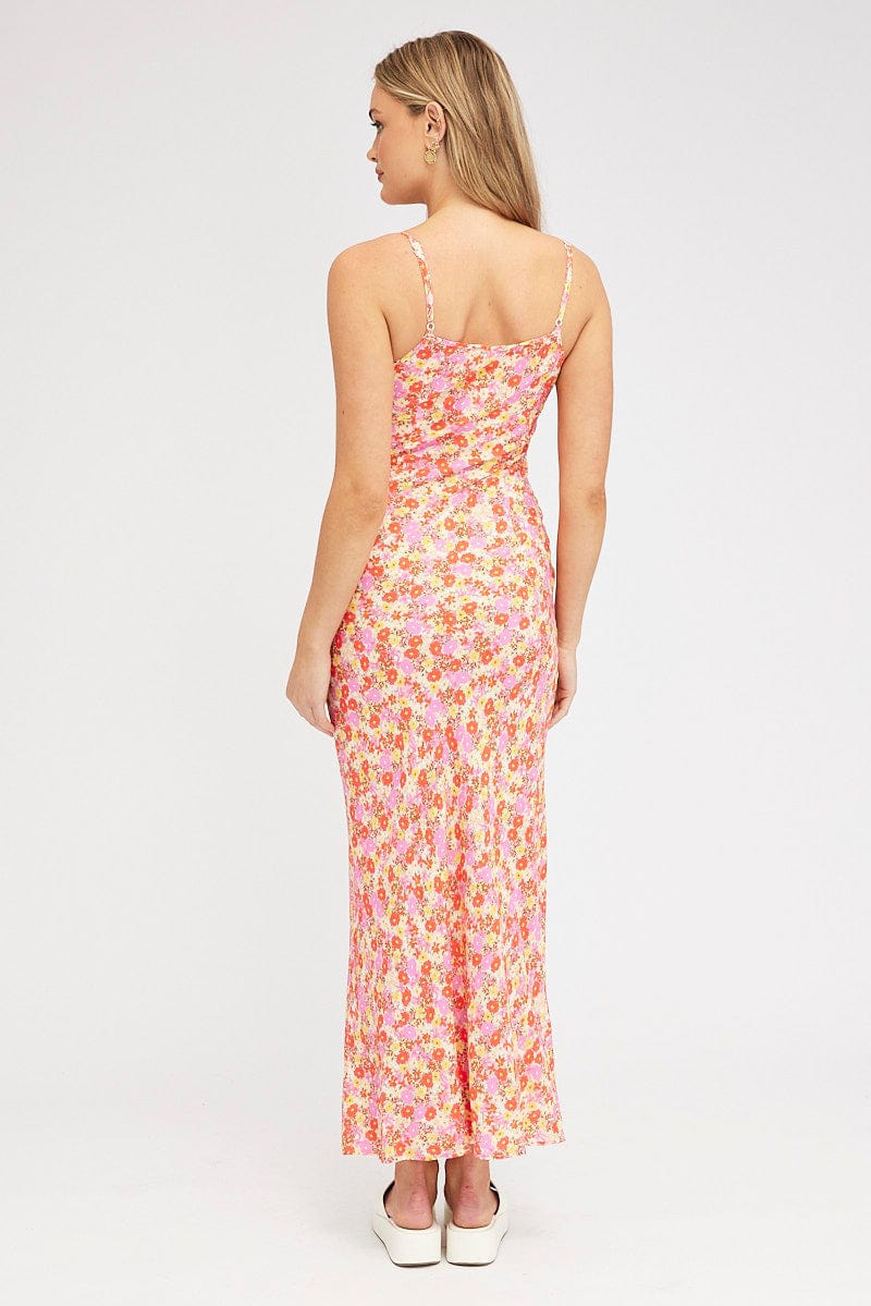 Red Floral Maxi Dress Bias Cut