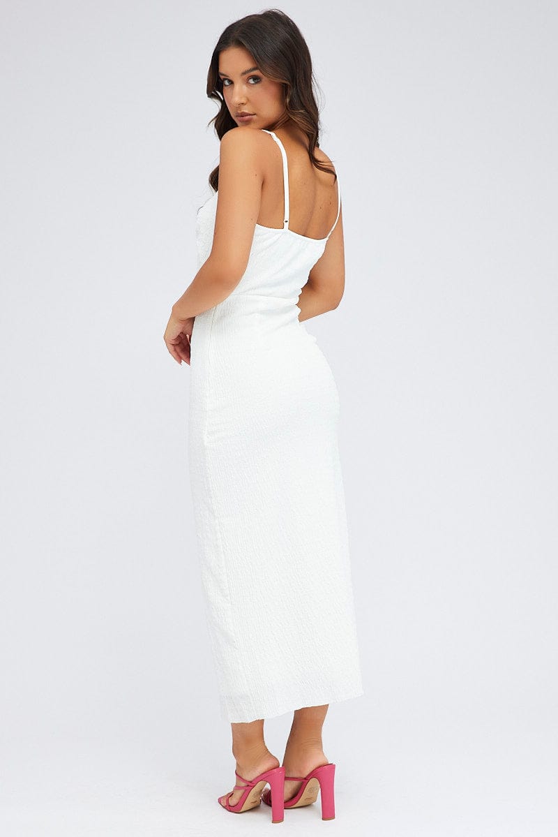 White Midi Dress Cut Out Textured Fabric