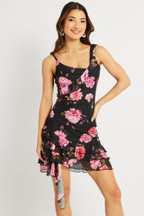Black Floral Bodycon Dress Ruffle Hem Mini Mesh