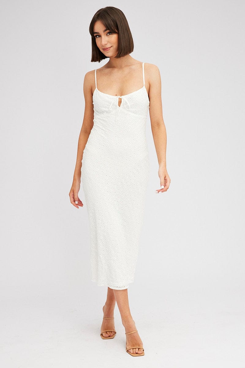 White Midi Dress Gathered Bust Eyelet Fabric