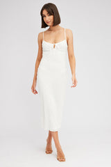 White Midi Dress Gathered Bust Eyelet Fabric
