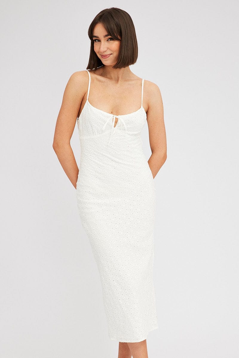 White Midi Dress Gathered Bust Eyelet Fabric