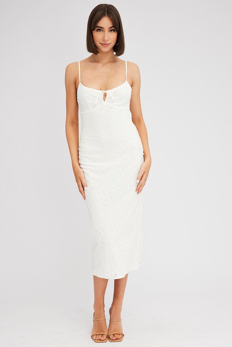 White Midi Dress Gathered Bust Eyelet Fabric
